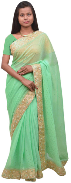 Green Designer Wedding Partywear Georgette Hand Embroidery Pearl Stone Beads Work Kolkata Saree Sari E396