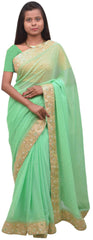 Green Designer Wedding Partywear Georgette Hand Embroidery Pearl Stone Beads Work Kolkata Saree Sari E396