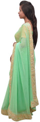 Green Designer Wedding Partywear Georgette Hand Embroidery Pearl Stone Beads Work Kolkata Saree Sari E396