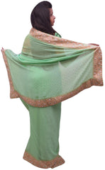 Green Designer Wedding Partywear Georgette Hand Embroidery Pearl Stone Beads Work Kolkata Saree Sari E396