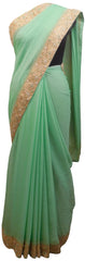 Green Designer Wedding Partywear Georgette Hand Embroidery Pearl Stone Beads Work Kolkata Saree Sari E396