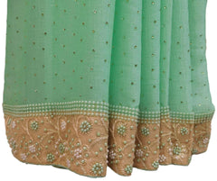 Green Designer Wedding Partywear Georgette Hand Embroidery Pearl Stone Beads Work Kolkata Saree Sari E396