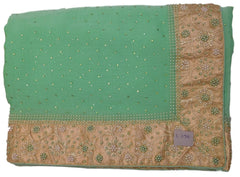 Green Designer Wedding Partywear Georgette Hand Embroidery Pearl Stone Beads Work Kolkata Saree Sari E396