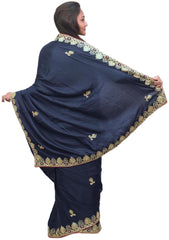 Blue Designer Wedding Partywear Satin Silk Cutdana Beads Bullion Zari Thread Hand Embroidery Work Bridal Saree Sari E400