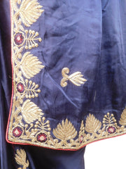 Blue Designer Wedding Partywear Satin Silk Cutdana Beads Bullion Zari Thread Hand Embroidery Work Bridal Saree Sari E400