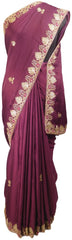 Wine Designer Wedding Partywear Satin Silk Cutdana Beads Bullion Zari Thread Hand Embroidery Work Bridal Saree Sari E401