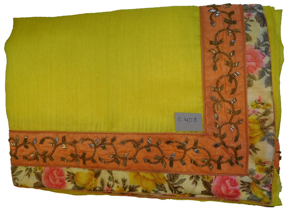 Yellow Designer Wedding Partywear Silk Zari Beads Cutdana Hand Embroidery Work Floral Printed Border Bridal Saree Sari E403