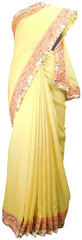 Yellow Designer Wedding Partywear Silk Zari Beads Cutdana Hand Embroidery Work Floral Printed Border Bridal Saree Sari E403