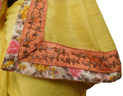 Yellow Designer Wedding Partywear Silk Zari Beads Cutdana Hand Embroidery Work Floral Printed Border Bridal Saree Sari E403