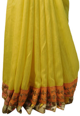Yellow Designer Wedding Partywear Silk Zari Beads Cutdana Hand Embroidery Work Floral Printed Border Bridal Saree Sari E403
