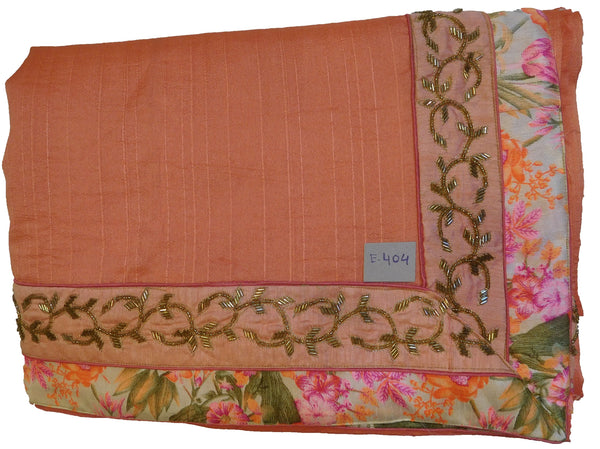 Peach Designer Wedding Partywear Silk Zari Beads Cutdana Hand Embroidery Work Floral Printed Border Bridal Saree Sari E404