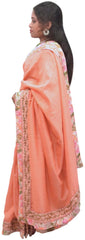 Peach Designer Wedding Partywear Silk Zari Beads Cutdana Hand Embroidery Work Floral Printed Border Bridal Saree Sari PSE404