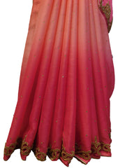 Pink & Peach Designer Wedding Partywear Georgette Hand Embroidery Thread Stone Beads Work Kolkata Cutwork Border Saree Sari E405