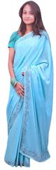 Turquoise Designer Wedding Partywear Georgette Hand Embroidery Thread Stone Beads Work Kolkata Cutwork Border Saree Sari PSE406