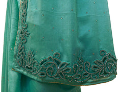 Turquoise Designer Wedding Partywear Georgette Hand Embroidery Thread Stone Beads Work Kolkata Cutwork Border Saree Sari E406