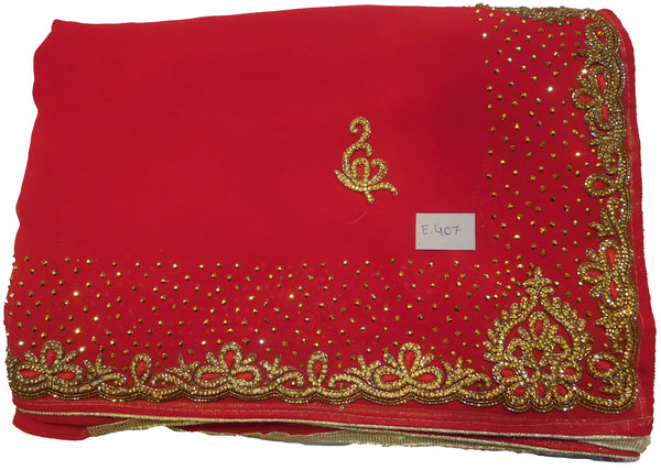 Red Designer Wedding Partywear Georgette Hand Embroidery Thread Stone Beads Work Kolkata Cutwork Border Saree Sari PSE407