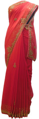 Red Designer Wedding Partywear Georgette Hand Embroidery Thread Stone Beads Work Kolkata Cutwork Border Saree Sari E407