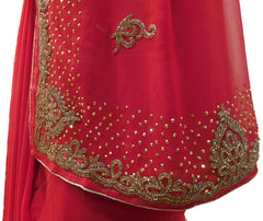 Red Designer Wedding Partywear Georgette Hand Embroidery Thread Stone Beads Work Kolkata Cutwork Border Saree Sari E407