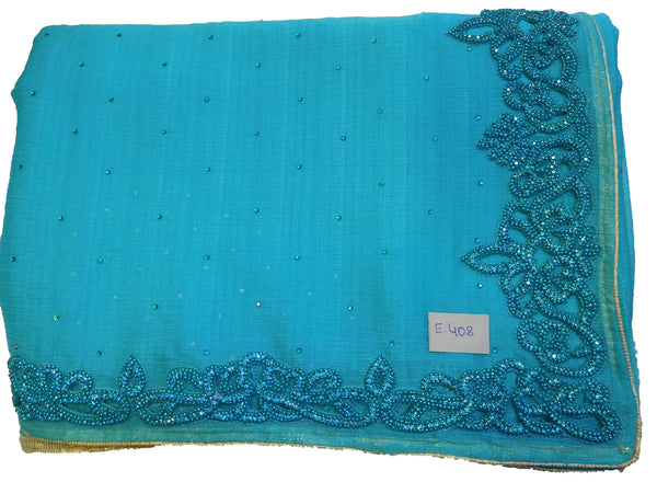Turquoise Designer Wedding Partywear Georgette Hand Embroidery Thread Stone Beads Work Kolkata Cutwork Border Saree Sari PSE408