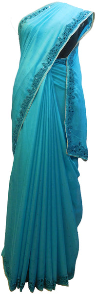 Turquoise Designer Wedding Partywear Georgette Hand Embroidery Thread Stone Beads Work Kolkata Cutwork Border Saree Sari E408
