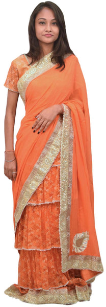 Orange Designer Wedding Partywear Georgette (Viscos) Hand Embroidery Thread Zari Stone Pearl Bullion Work Kolkata Lahenga Style Stylish Stitched Blouse Saree Sari E411