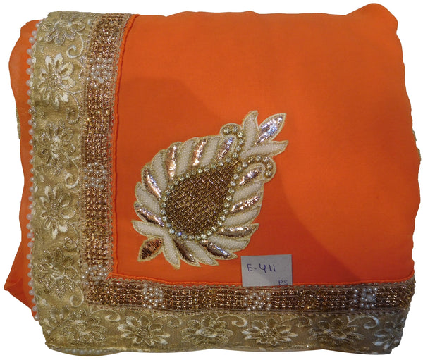 Orange Designer Wedding Partywear Georgette (Viscos) Hand Embroidery Thread Zari Stone Pearl Bullion Work Kolkata Lahenga Style Stylish Stitched Blouse Saree Sari E411
