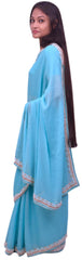 Blue Designer Wedding Partywear Georgette Hand Embroidery Pearl Stone Beads Work Kolkata Saree Sari E412