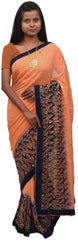 Peach & Blue Designer Wedding Partywear Georgette (Viscos) Hand Embroidery Thread Cutdana Stone Work Kolkata Saree Sari E413