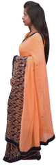 Peach & Blue Designer Wedding Partywear Georgette (Viscos) Hand Embroidery Thread Cutdana Stone Work Kolkata Saree Sari E413