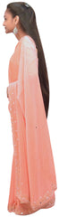 Peach Designer Wedding Partywear Georgette Mirror Beads Stone Hand Embroidery Work Bridal Saree Sari E414