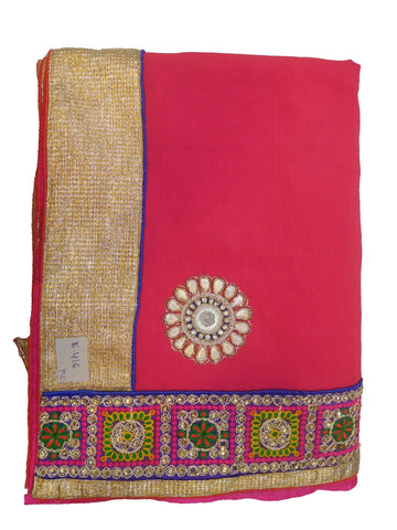 Pink & Cream Designer Wedding Partywear Georgette (Viscos) & Net Hand Embroidery Zari Thread Gota Beads Stone Work Kolkata Saree Sari E416