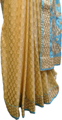 Turquoise & Beige Designer Wedding Partywear Silk & Brasso Hand Embroidery Stone Thread Zari Work Kolkata Saree Sari E422