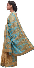 Turquoise & Beige Designer Wedding Partywear Silk & Brasso Hand Embroidery Stone Thread Zari Work Kolkata Saree Sari E422