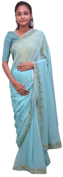Blue Designer Wedding Partywear Georgette Mirror Beads Stone Hand Embroidery Work Bridal Saree Sari E425