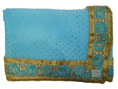 Blue Designer Wedding Partywear Georgette Hand Embroidery Thread Stone Zari Work Kolkata Saree Sari E434