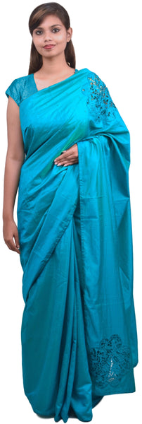 Turquoise Designer Wedding Partywear Silk Hand Embroidery Thread Pearl Zari Work Kolkata Saree Sari PSE437