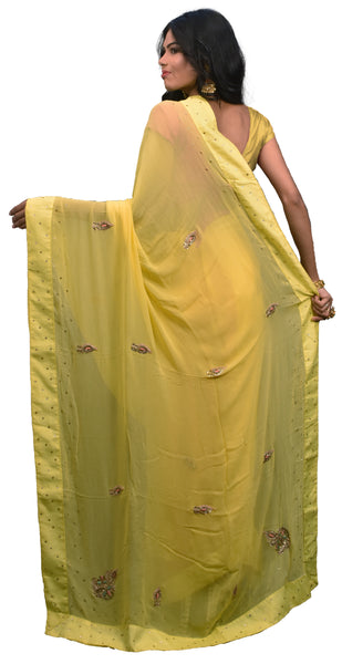Yellow Designer Wedding Partywear Georgette (Viscos) Hand Embroidery Thread Bullion Beads Cutdana Stone Work Kolkata Saree Sari E438
