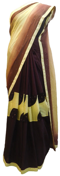 Coffee & Cream Designer Wedding Partywear Crepe (Chinon) Hand Embroidery Thread Pearl Stone Work Kolkata Saree Sari E439