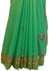 Green Designer Wedding Partywear Georgette Hand Embroidery Cutdana Mirror Thread Stone Beads Work Kolkata Saree Sari E441