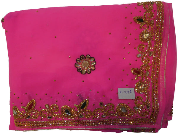 Pink Designer Wedding Partywear Georgette Hand Embroidery Cutdana Mirror Thread Stone Beads Work Kolkata Saree Sari E442