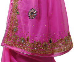 Pink Designer Wedding Partywear Georgette Hand Embroidery Cutdana Mirror Thread Stone Beads Work Kolkata Saree Sari E442