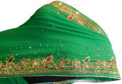 Green Designer Wedding Partywear Georgette Hand Embroidery Cutdana Mirror Thread Stone Beads Work Kolkata Saree Sari E443