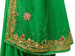 Green Designer Wedding Partywear Georgette Hand Embroidery Cutdana Mirror Thread Stone Beads Work Kolkata Saree Sari E443
