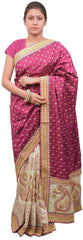 Wine & Cream Designer Wedding Partywear Silk Hand Embroidery Thread Zari Work Kolkata Saree Sari PSE444