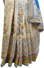 Blue & Cream Designer Wedding Partywear Silk Hand Embroidery Thread Zari Work Kolkata Saree Sari E445