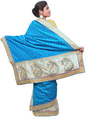 Blue & Cream Designer Wedding Partywear Silk Hand Embroidery Thread Zari Work Kolkata Saree Sari PSE445