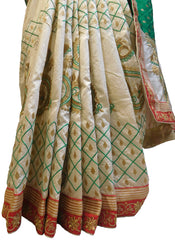 Green & Cream Designer Wedding Partywear Silk Hand Embroidery Thread Zari Work Kolkata Saree Sari E446