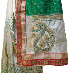 Green & Cream Designer Wedding Partywear Silk Hand Embroidery Thread Zari Work Kolkata Saree Sari E446