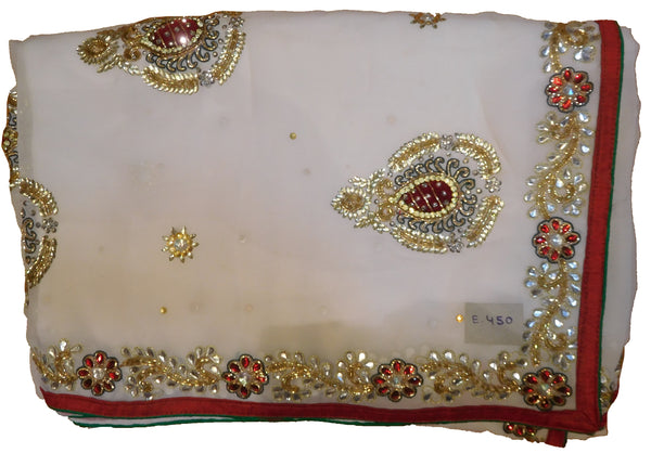 White Designer Wedding Partywear Georgette Hand Embroidery Cutdana Bullion Thread Stone Beads Work Kolkata Saree Sari E450