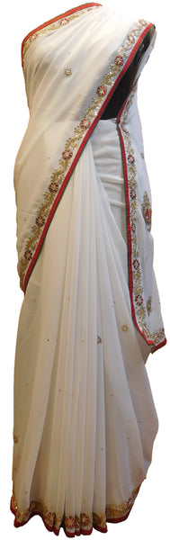 White Designer Wedding Partywear Georgette Hand Embroidery Cutdana Bullion Thread Stone Beads Work Kolkata Saree Sari E450